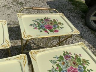 Set 4 Vtg mid century retro mcm 1950s Floral Roses Metal TV Trays Tables stand 4