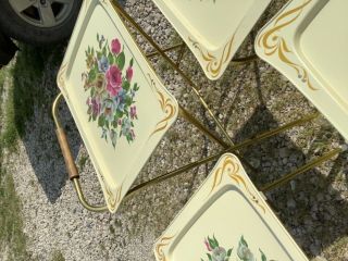 Set 4 Vtg mid century retro mcm 1950s Floral Roses Metal TV Trays Tables stand 6
