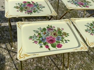 Set 4 Vtg mid century retro mcm 1950s Floral Roses Metal TV Trays Tables stand 7