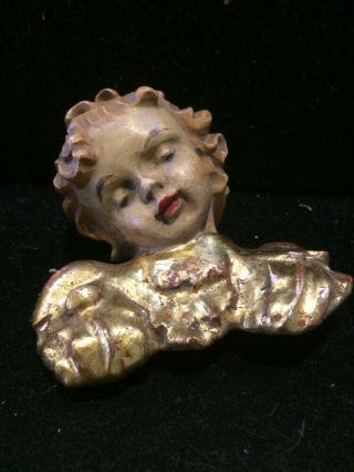 Antique Wood Carved Cherub Angel Head With Wings Vintage Gold Gilded