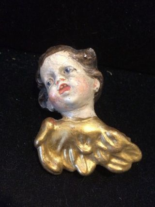 Painted Wood Carved Cherub Angel Head With Wings Vintage Boy Face