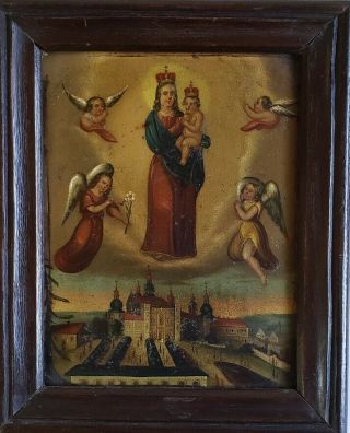 Antique Spanish Colonial Retablo Oil Painting On Tin Mary And Jesus