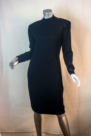 Vintage St John Black Santana Knit Dress With Paillettes Size 12