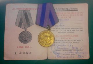 100 Soviet Medal,  Document For The Liberation Of Prague Ussr Ww 2