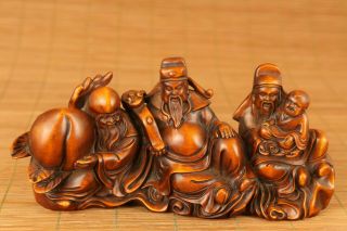 Big Unique Chinese Old Boxwood Hand Carved Three Gods Statue Figure Netsuke