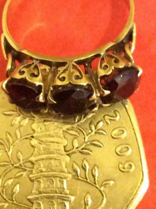Antique 9 Ct.  Gold Trilogy Ring - Set With 3 X 1 Carat Faceted Garnets - V.  Deep Red