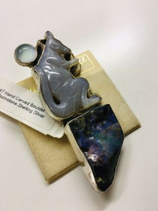 Amy Kahn Russell Hand - Carved Boulder Opal Moonstone Chalcedony Kangaroo Pendant 7
