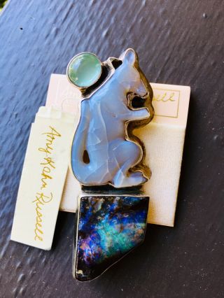 Amy Kahn Russell Hand - Carved Boulder Opal Moonstone Chalcedony Kangaroo Pendant 8