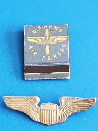 Wwii Us Pilot Wings Sterling Silver 3 " Pin & Us Army Air Force Match Book