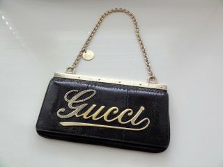 Rrp €570 Authentic Gucci Vintage Small Black Snakeskin Hand Bag Clutch