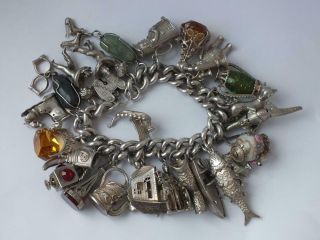 Giant Solid Sterling Silver Charm Bracelet/ L 16 Cm With Numerous Charms/ 251 G