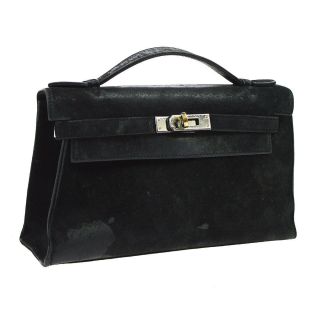 Auth Hermes Pochette Kelly Hand Bag Black Veau Velours Doblis Vintage Tg00882