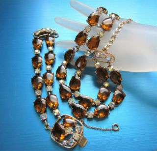 Rare Signed Selro Amber Glass & Aurora Borealis Necklace Bracelet Set Sac8