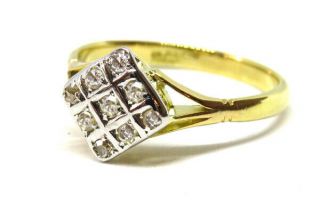 18ct Yellow Gold Art Deco Diamond Lozenge Shape Cluster Ring Size Q 1930s