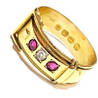 18ct Gold Ring Diamond And Ruby Victorian Buckle Antique 1887 Size N