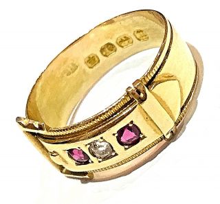 18ct Gold Ring Diamond and Ruby Victorian Buckle Antique 1887 size N 3