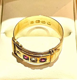 18ct Gold Ring Diamond and Ruby Victorian Buckle Antique 1887 size N 6