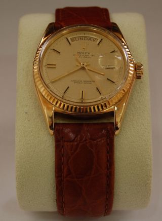Rolex Day - date President 1803 18k Yellow Gold Men ' s Watch Leather Strap Pie Pan 2
