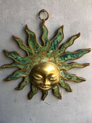 Vintage Signed Pepe Mendoza Mexico Sun Face Sculpture Bronze And Malachite Gemm