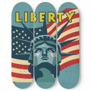 Liberty,  Skateboard Wall Art,  Vintage Inspired Statue Of Liberty & American Flag