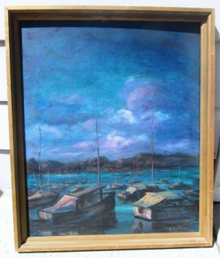 Exceptional Vintage Early California Harbor Landscape Oil Painting Listed Artist