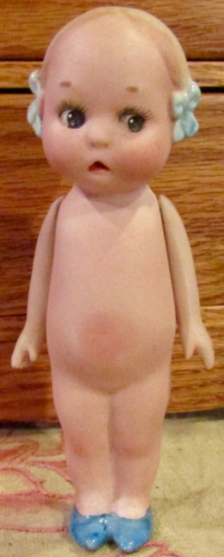 Rare Antique 5 " German Bisque Googlie Googly All Bisque Doll,  Jointed Arms