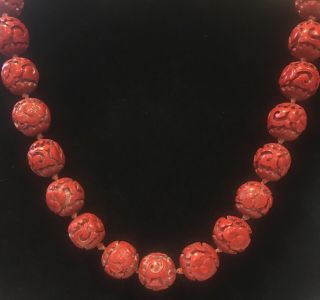 Old Chinese Carved Cinnabar Lacquer Bead Necklace Signed Silver Squirrel Clasp