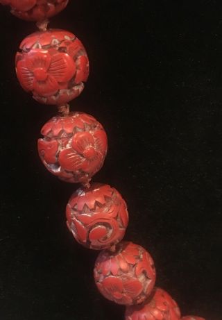 Old Chinese Carved Cinnabar Lacquer Bead Necklace Signed Silver Squirrel Clasp 2