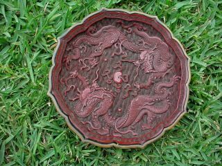 Antique Chinese Dark Cinnabar Plate Hand Carved Dragons Qing Dynasty Qianlong