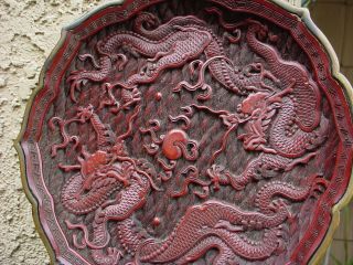 ANTIQUE CHINESE DARK CINNABAR PLATE HAND CARVED DRAGONS QING DYNASTY QIANLONG 4