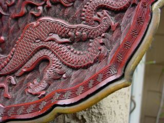ANTIQUE CHINESE DARK CINNABAR PLATE HAND CARVED DRAGONS QING DYNASTY QIANLONG 8