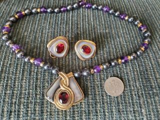 Kai Yin Lo Kylo Amethyst Hematite Onyx Garnet Necklace Earrings Vintage Rare