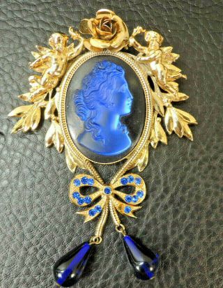 Vtg.  Zoe Coste Paris France Cobalt Blue Glass Portrait Cameo Brooch Pin