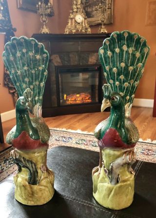 Pair Chinese Famille Rose Porcelain Peacocks 14” Tall Mantel Ornaments Antiques