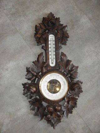 Antique Wooden Carved Barometer Thermometer Old Wooden Black Forest Old