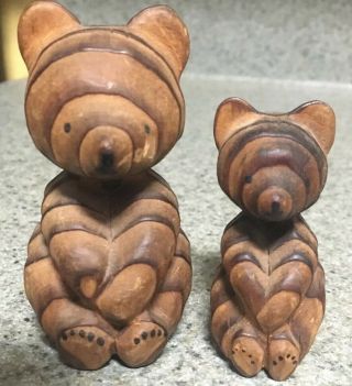 Vintage Small Hand Carved Wooden Brown Bears Mama & Baby Adorable Estate Find