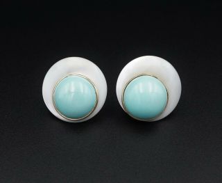 14k Yellow Gold Turquoise Mother Of Pearl Mop Disc Dome Earrings 0.  9 " Eg1288