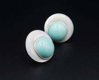 14K Yellow Gold Turquoise Mother of Pearl MOP Disc Dome Earrings 0.  9 