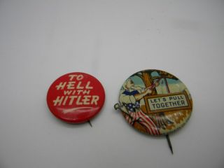 Wwii Uncle Sam Adolf Hitler – Let’s Pull Together Button Pin – Evans Novelty