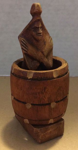 Wood Carved African Naked Man In A Barrel With Penis On Spring - Vintage Wooden