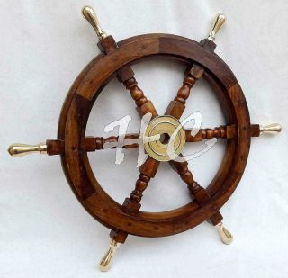 Maritime Nautical Beach Ship Wheel 18 " Wooden Steering Boat Brass Spoke Captains