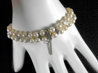 Vintage Solid 750 18k White Gold Cultured Pearl Bracelet Estate Jewelry Double 6
