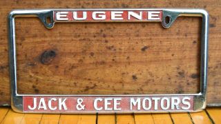 Vtg 60s Embossed Metal License Dealer Plate Frame Jack Cee Eugene Or Volkswagen