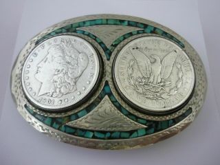 Unique Vintage Solid Silver Morgan Dollar & Turquoise Belt Buckle