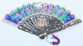 Antique Hand Painted 19th C Chinese Canton 100 Faces Fan Silk & Paper