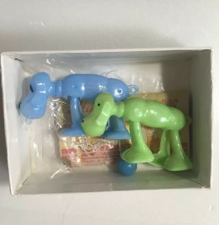 Vintage Plastic " Pluto " Toy Dog Ramp Walker Set Of 2 / Blue / Green Running Dog