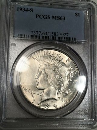 1934 - S Peace Dollar Pcgs Ms63 Coin Very Rare Date
