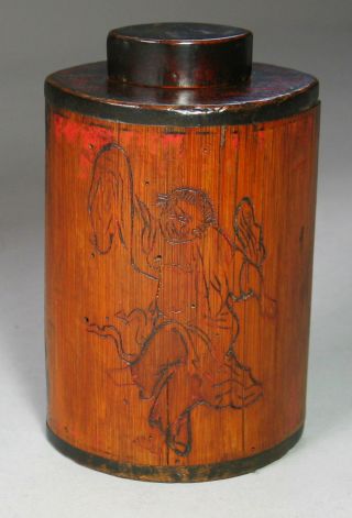A Rare Korean Bamboo Tea Caddy Incised Poem With A Traditional Dance - 19th C.