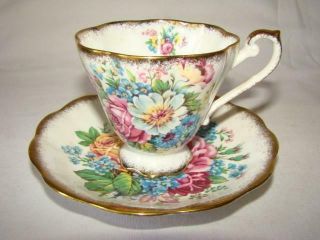 Vintage Bone China Paneled Teacup & Saucer Set,  Royal Standard,  Spring Roses