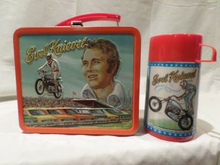 Vintage - Rare 1974 " Evel Knievel " Metal Lunch Box With Matching Thermos " Motorcyc